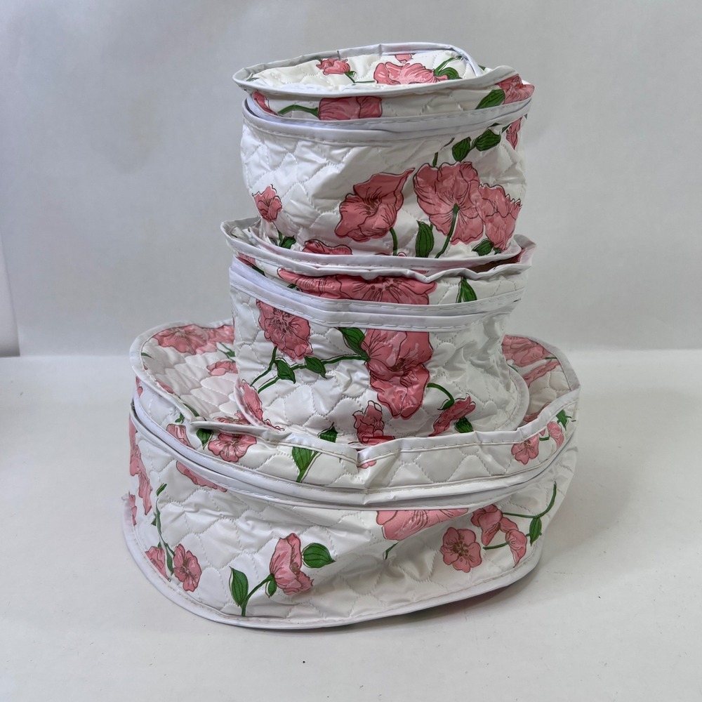Vintage Floral Quilted China Plate Storage Protectors 3 Piece Set Pink White Zip